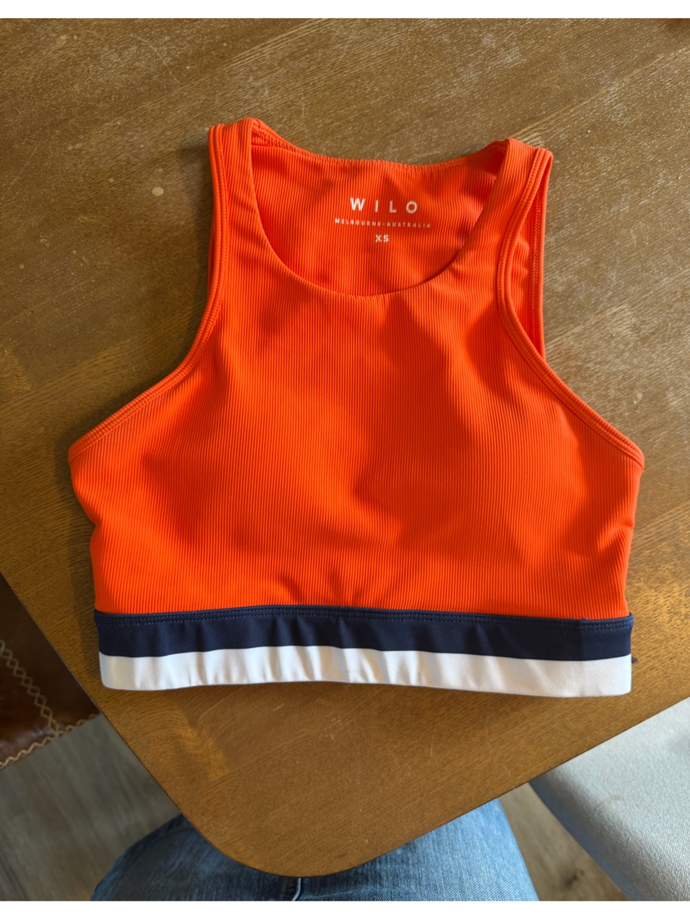 WILO Bright Orange Sports Bra with Navy & White Trim